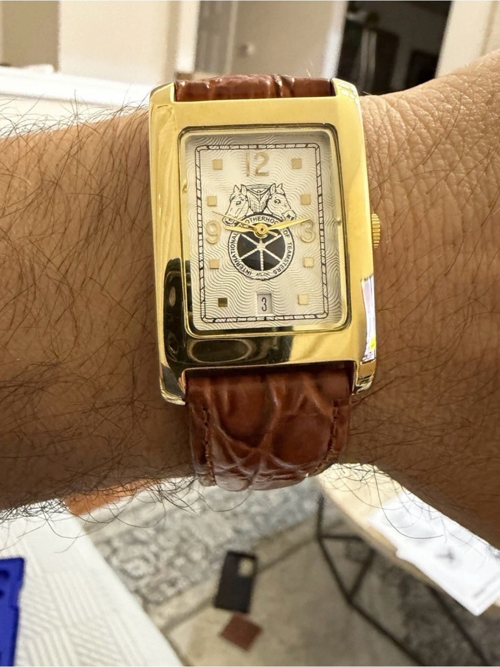 Vintage Teamsters Union Men's Gold Tone Tank Watch Ibt Logo Date Window